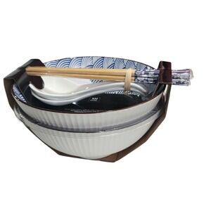 SH Home Ceramic Ramen Noodle Bowls Set of 2 Chopsticks Spoons Blue Japanese Wave